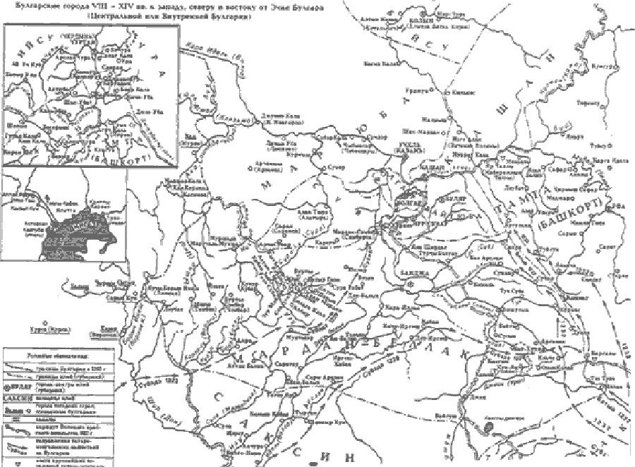 Карта на градовете на запад, север и изток от Ечке (Стара) България през 8-ми - 16-ти век